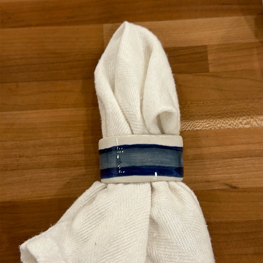 Set of 4 Hand-painted Ceramic Blue Coastal Stripe Napkin Rings 2”